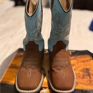 Old West kid's Brown and Light Blue Cowboy Boots